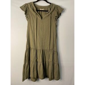 KNOX ROSE Olive Green‎ Tiered Midi Dress Flutter Sleeve Tie Neck Size Small